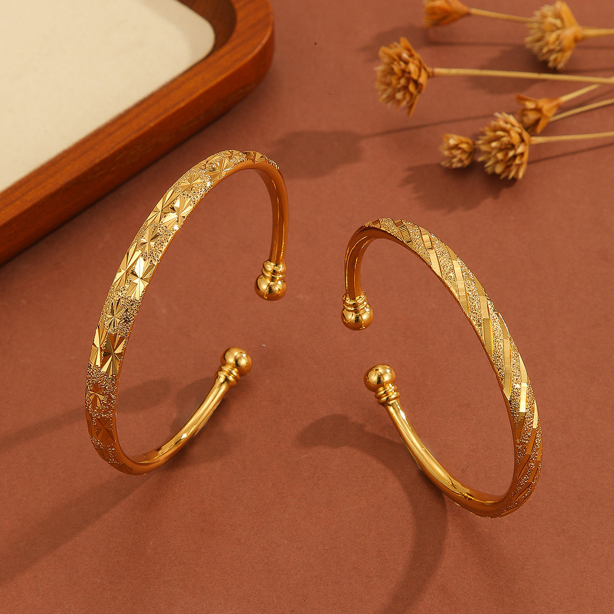 Vintage 18K Gold-Plated Open Bracelet – Delicate Pattern, Sand Gold Finish, Perfect for Daily Wear & Gifts