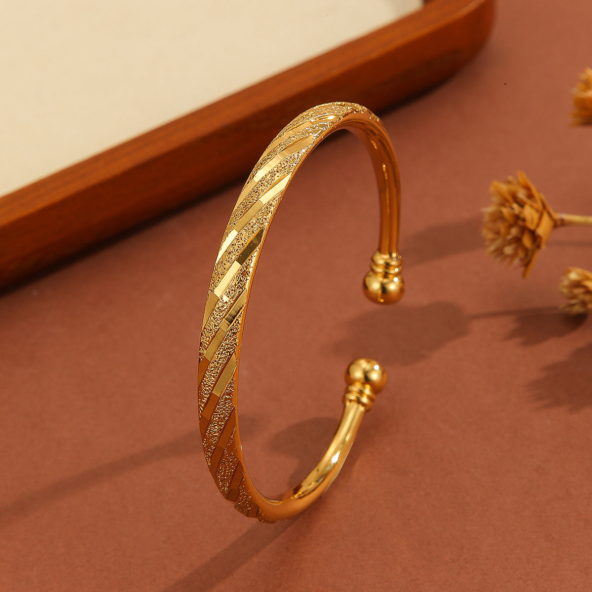 Vintage 18K Gold-Plated Open Bracelet – Delicate Pattern, Sand Gold Finish, Perfect for Daily Wear & Gifts